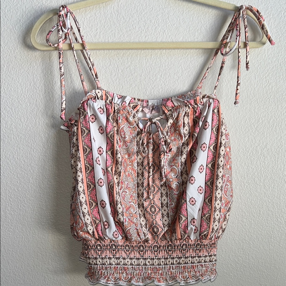 Boho Tie-Shoulder Peasant Top - Pink Paisley